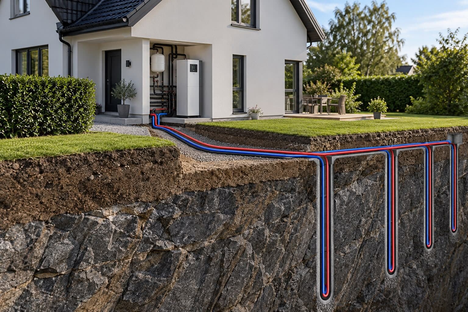 Genomskärning av en villatomt där kollektorslangar går från bergvärmepumpen vid huset ner i borrhål i berget