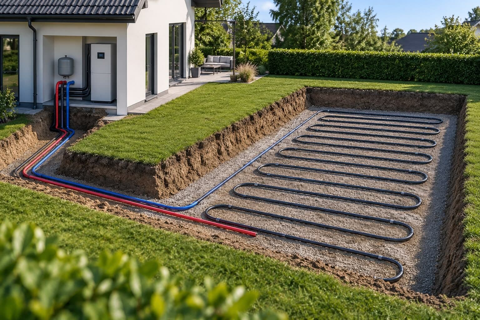 Kollektorslang utlagd i slingor i en uppgrävd trädgård, kopplad till jordvärmepumpen vid huset